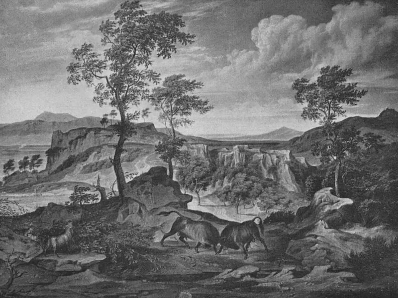 1768-Joseph Anton Koch - La Serpentara vicino a Olevano con i tori da combattimento